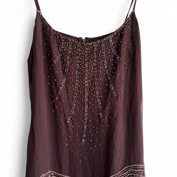Morgan de Toi Y2K Silk Beaded Slip Dress – Brown Party Asymetrical Cocktail Midi - Picture 2 of 8